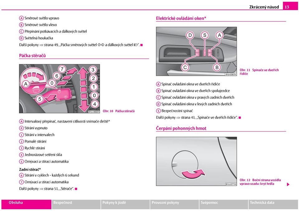 10 Páčka stěračů Intervalový přepínač, nastavení citlivosti snímače deště* Stírání vypnuto Stírání v intervalech Pomalé stírání Rychlé stírání Jednorázové setření skla Omývací a stírací automatika A