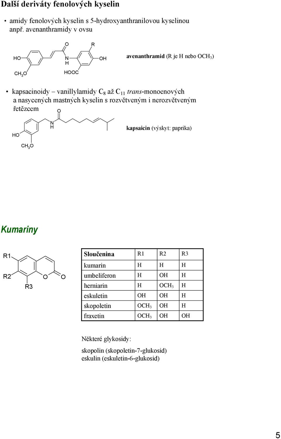 nasycených mastných kyselin s rozvětveným i nerozvětveným řetězcem N kapsaicin (výskyt: paprika) C 3 Kumariny 1 2 3 Sloučenina