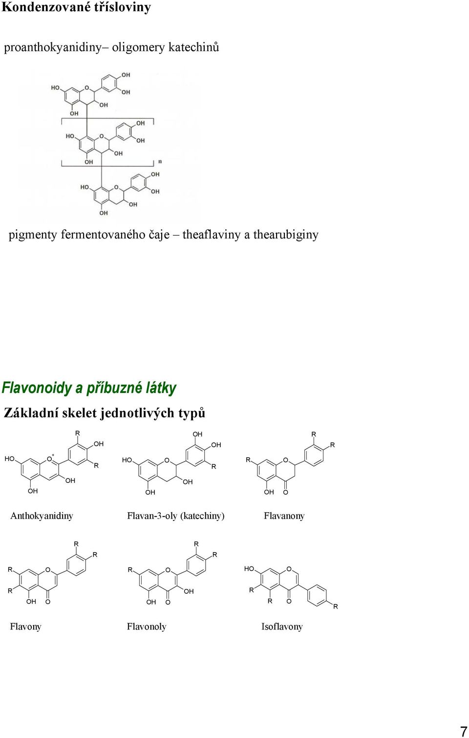 Flavonoidy a příbuzné látky Základní skelet jednotlivých typů +