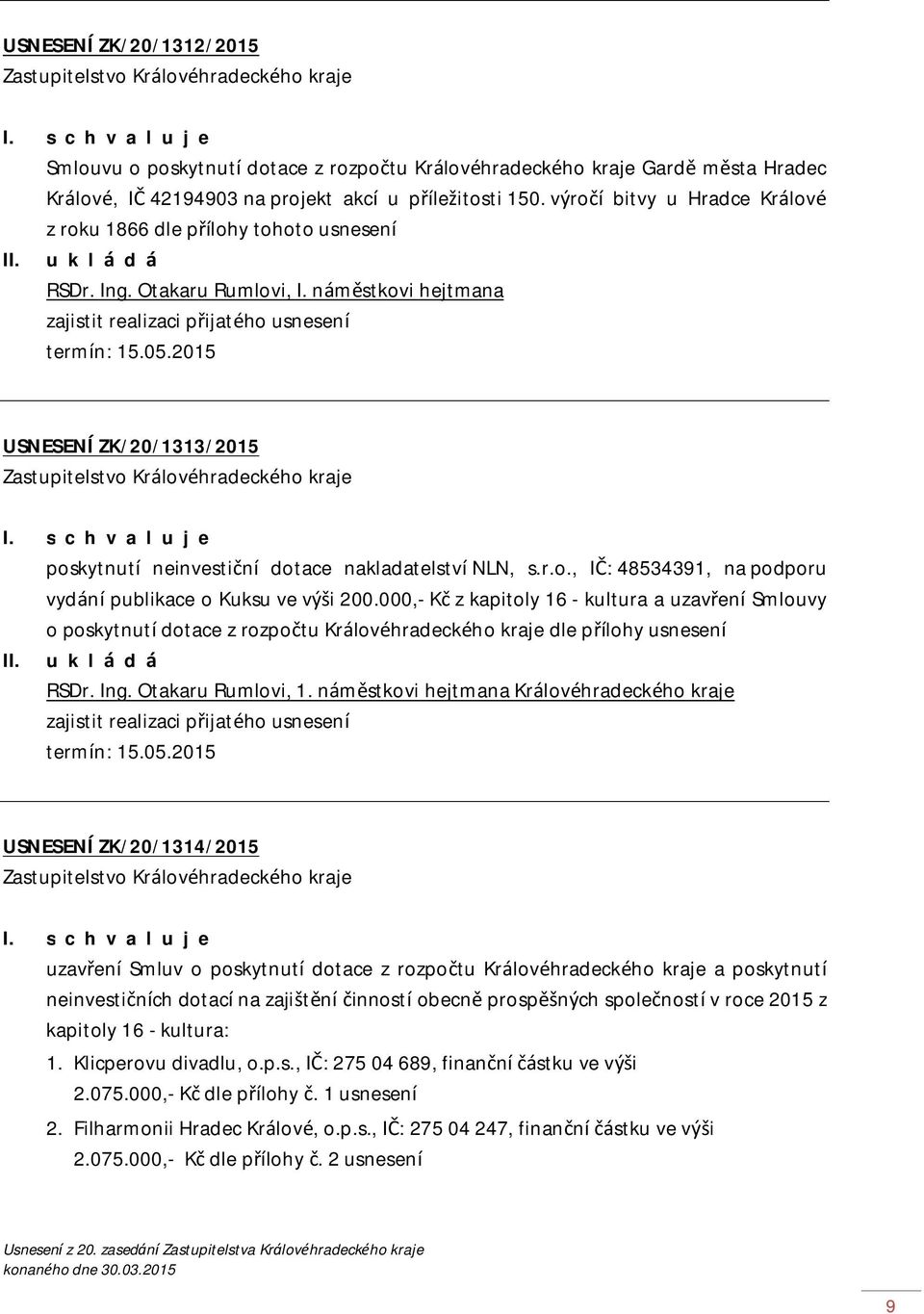 2015 USNESENÍ ZK/20/1313/2015 poskytnutí neinvestiční dotace nakladatelství NLN, s.r.o., IČ: 48534391, na podporu vydání publikace o Kuksu ve výši 200.