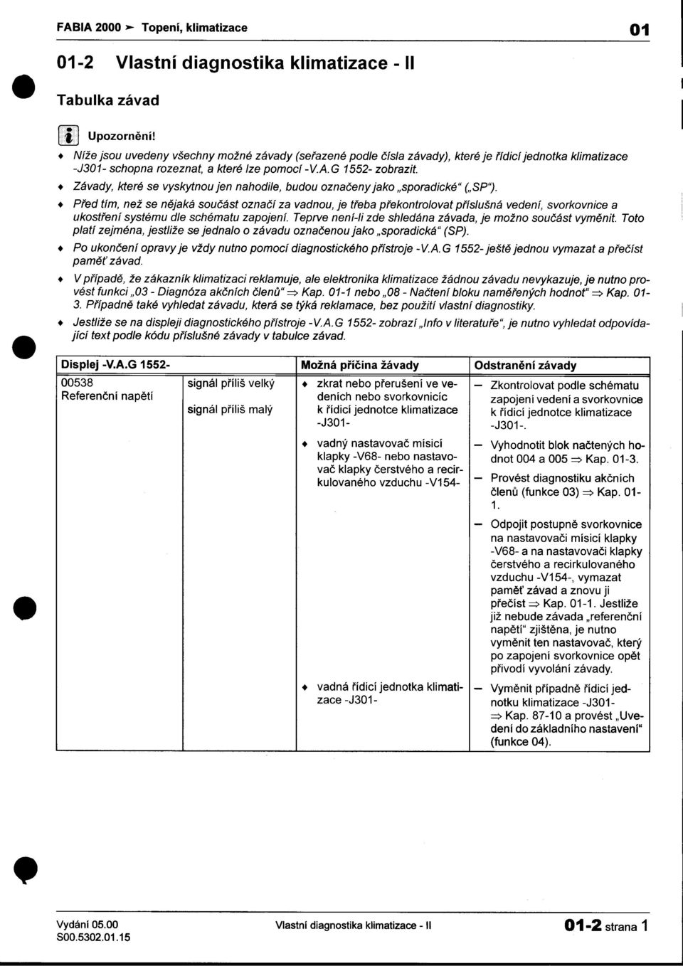 vyskytnou jen nahodile, budou oznaèeny jako "sporadické" C,SP'j + Pøed tím, než se nìjaká souèást oznaèí za vadnou, je tøeba pøekontrolovat pøíslušná vedení, svorkovnice a ukostøení systému dle