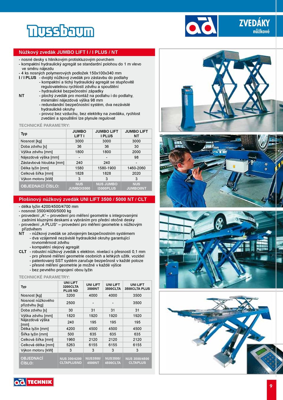 spouštění - hydraulické bezpečnostní západky NT - plochý zvedák pro montáž na podlahu i do podlahy, minimální nájezdová výška 98 mm - redundandní bezpečnostní systém, dva nezávislé hydraulické okruhy