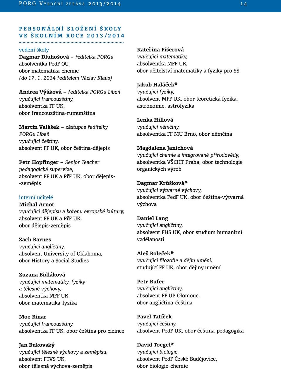 . 1. 2014 ředitelem Václav Klaus) Andrea Výšková ředitelka PORGu Libeň vyučující francouzštiny, absolventka FF UK, obor francouzština rumunština Martin Valášek zástupce ředitelky PORGu Libeň