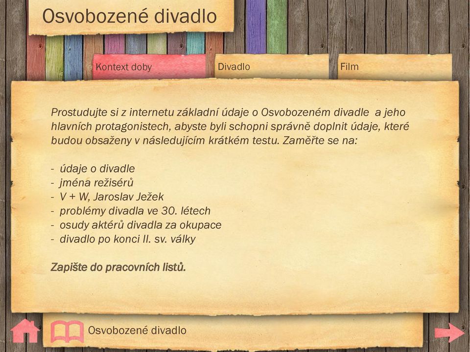 Zaměřte se na: - údaje o divadle - jména režisérů - V + W, Jaroslav Ježek - problémy divadla ve 30.