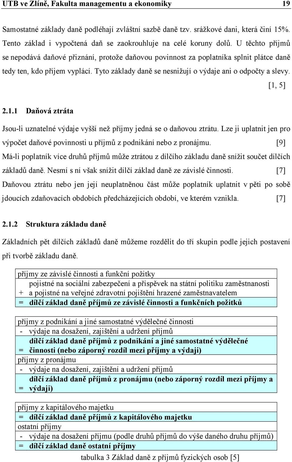 Tyto základy daně se nesnižují o výdaje ani o odpočty a slevy. [1, 5] 2.1.1 Daňová ztráta Jsou-li uznatelné výdaje vyšší než příjmy jedná se o daňovou ztrátu.