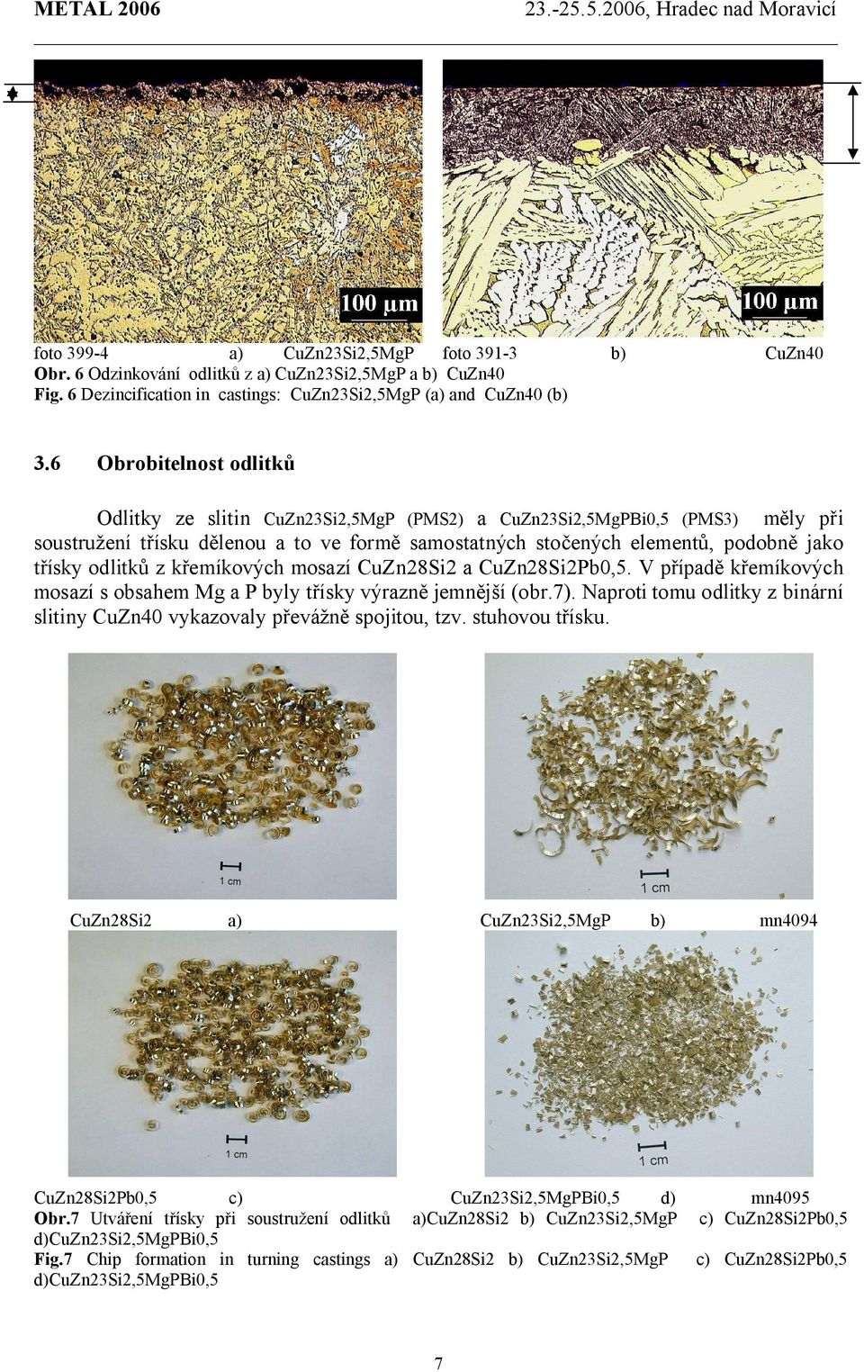 odlitků z křemíkových mosazí CuZn28Si2 a CuZn28Si2Pb0,5. V případě křemíkových mosazí s obsahem Mg a P byly třísky výrazně jemnější (obr.7).