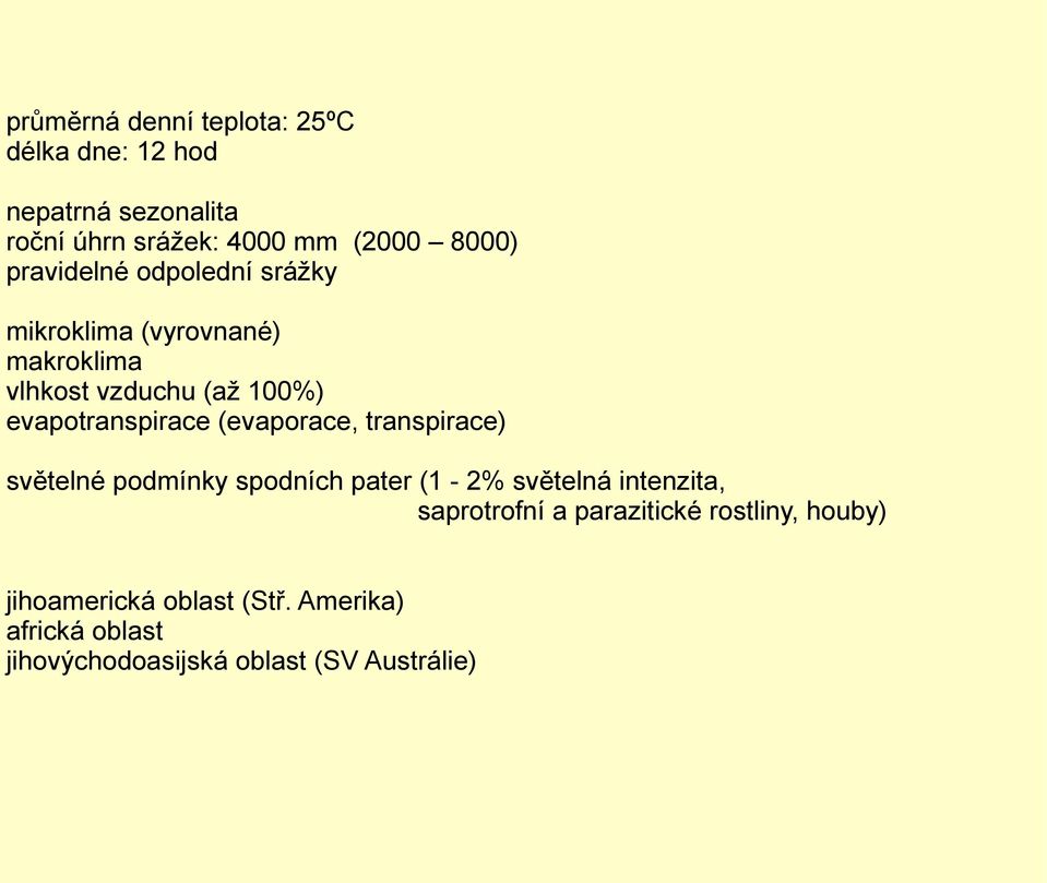 (evaporace, transpirace) světelné podmínky spodních pater (1-2% světelná intenzita, saprotrofní a