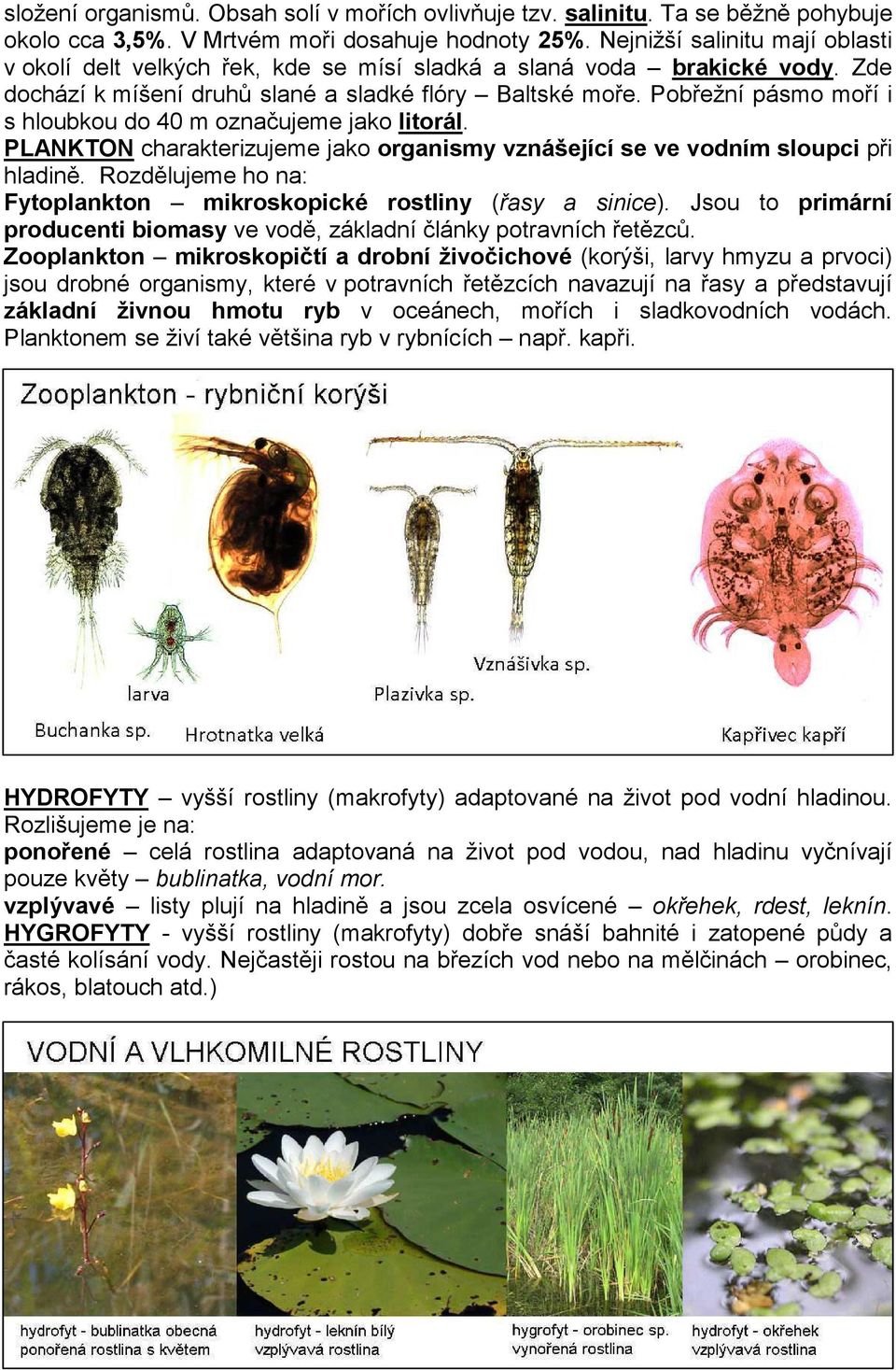 Pobřežní pásmo moří i s hloubkou do 40 m označujeme jako litorál. PLANKTON charakterizujeme jako organismy vznášející se ve vodním sloupci při hladině.