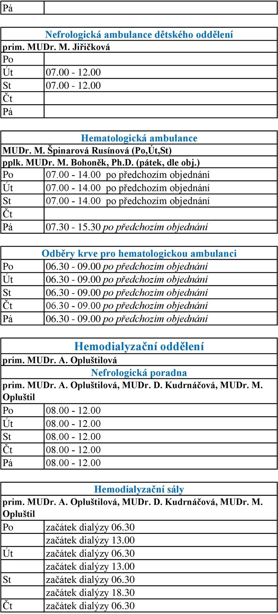 00 po předchozím objednání 06.30-09.00 po předchozím objednání 06.30-09.00 po předchozím objednání 06.30-09.00 po předchozím objednání 06.30-09.00 po předchozím objednání Hemodialyzační oddělení prim.