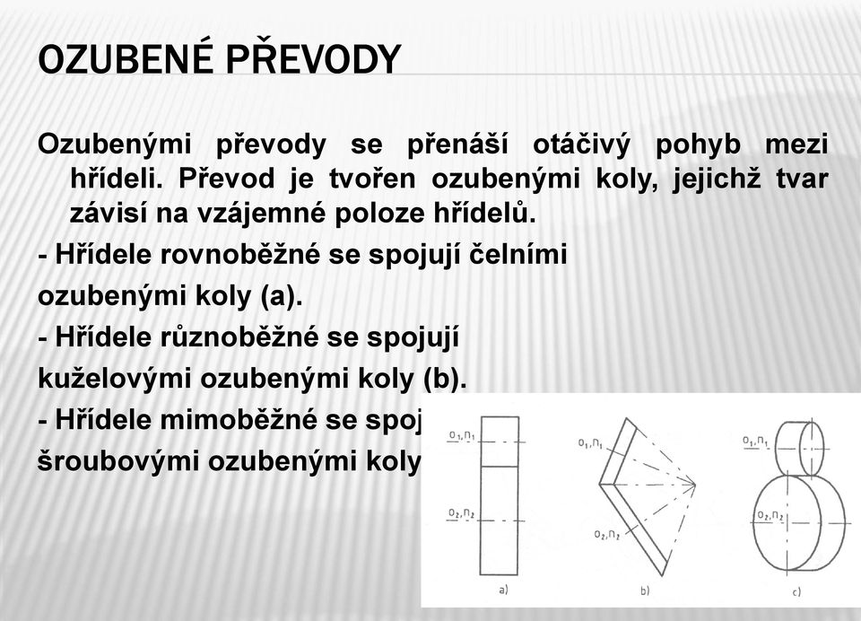 - Hřídele rovnoběžné se spojují čelními ozubenými koly (a).