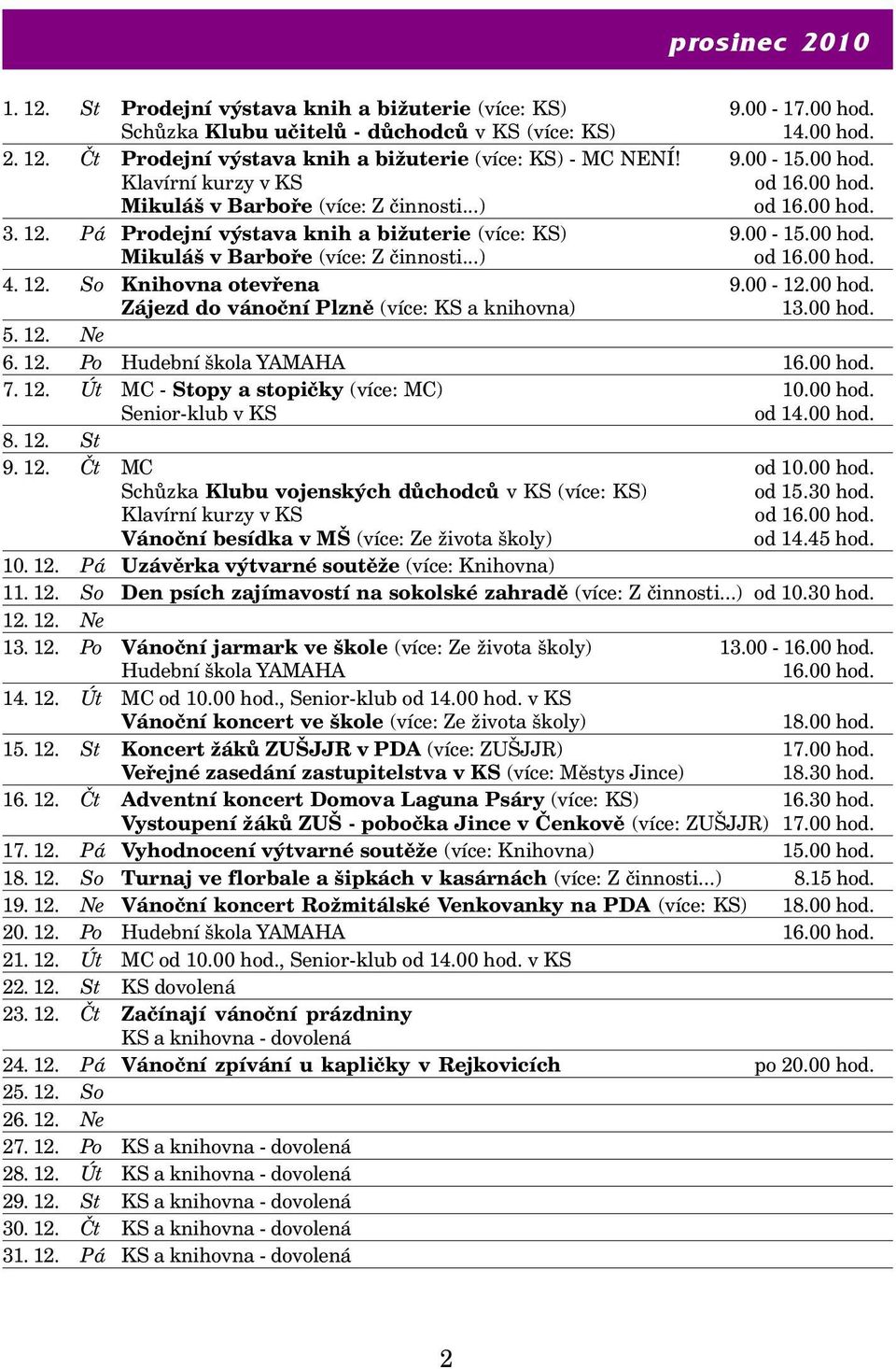 12. So Knihovna otevřena 9.00-12.00 hod. Zájezd do vánoční Plzně (více: KS a knihovna) 13.00 hod. 5. 12. Ne 6. 12. Po Hudební škola YAMAHA 16.00 hod. 7. 12. Út MC - Stopy a stopičky (více: MC) 10.