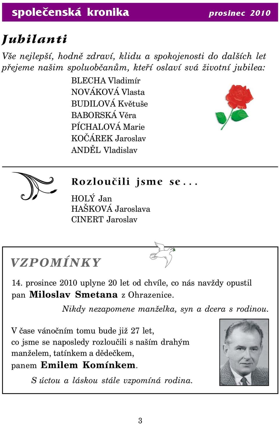 .. HOLÝ Jan HAŠKOVÁ Jaroslava CINERT Jaroslav VZPOMÍNKY 14. prosince 2010 uplyne 20 let od chvíle, co nás navždy opustil pan Miloslav Smetana z Ohrazenice.