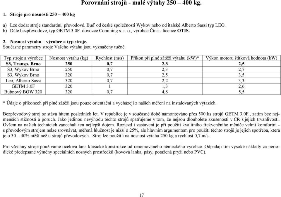 Současné parametry stroje Vašeho výtahu jsou vyznačeny tučně Typ stroje a výrobce Nosnost výtahu (kg) Rychlost (m/s) Příkon při plné zátěži výtahu (kw)* Výkon motoru štítková hodnota (kw) S3, Transp.