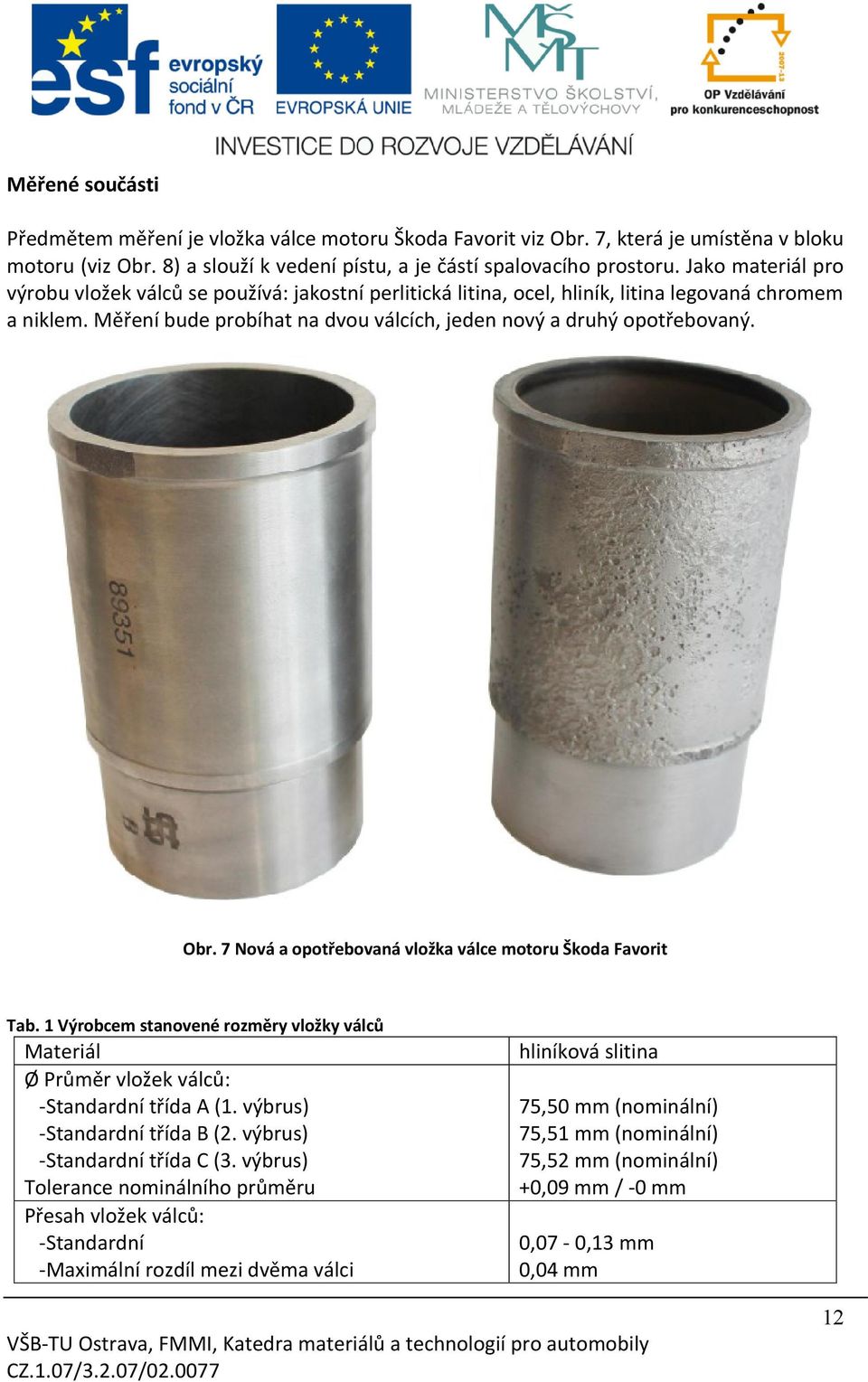 Obr. 7 Nová a opotřebovaná vložka válce motoru Škoda Favorit Tab. 1 Výrobcem stanovené rozměry vložky válců Materiál Ø Průměr vložek válců: -Standardní třída A (1. výbrus) -Standardní třída B (2.