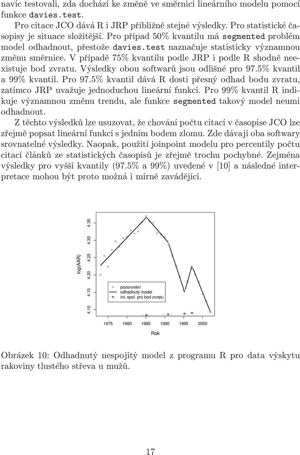 V případě 75% kvantilu podle JRP i podle R shodně neexistuje bod zvratu. Výsledky obou softwarů jsou odlišné pro 97.5% kvantil a 99% kvantil. Pro 97.