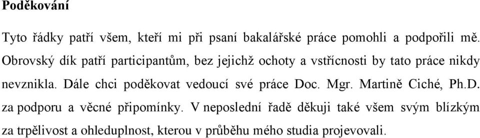 Dále chci poděkovat vedoucí své práce Doc. Mgr. Martině Ciché, Ph.D. za podporu a věcné připomínky.