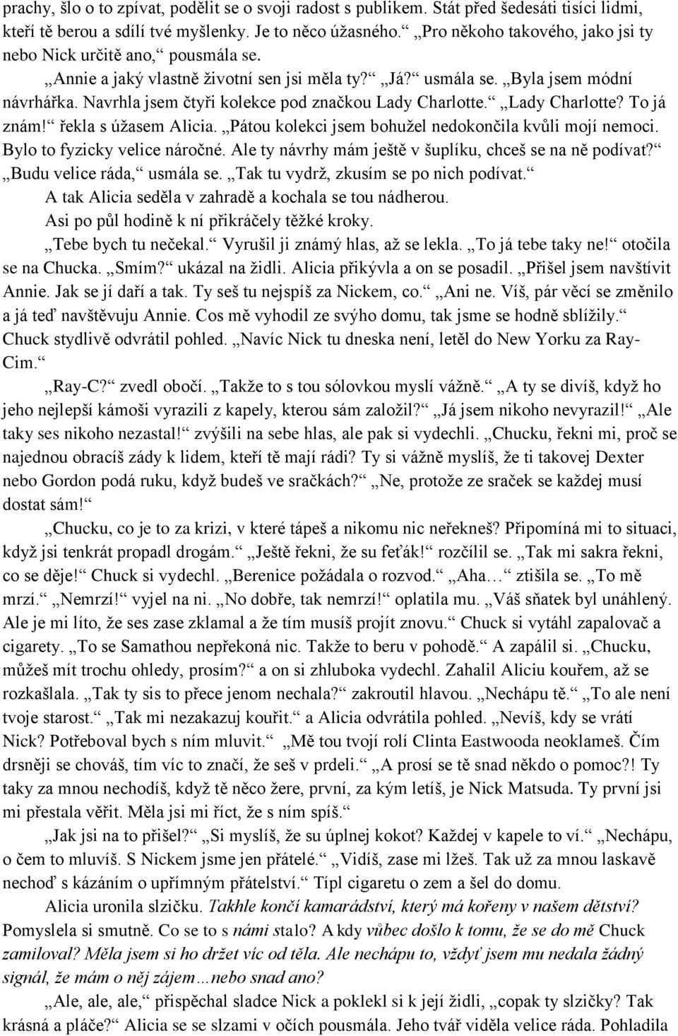 Navrhla jsem čtyři kolekce pod značkou Lady Charlotte. Lady Charlotte? To já znám! řekla s úžasem Alicia. Pátou kolekci jsem bohužel nedokončila kvůli mojí nemoci. Bylo to fyzicky velice náročné.