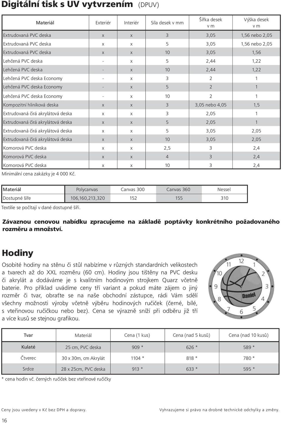 PVC deska Economy - x 10 2 1 Kompozitní hliníková deska x x 3 3,05 nebo 4,05 1,5 Extrudovaná čirá akrylátová deska x x 3 2,05 1 Extrudovaná čirá akrylátová deska x x 5 2,05 1 Extrudovaná čirá