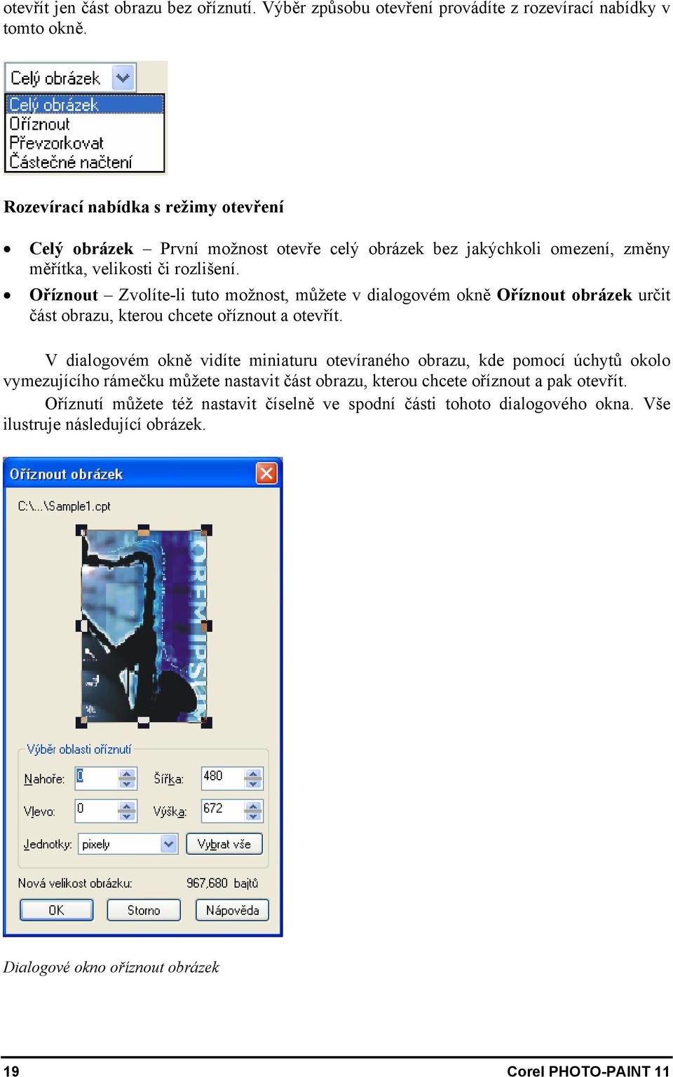 Oříznout Zvolíte-li tuto možnost, můžete v dialogovém okně Oříznout obrázek určit část obrazu, kterou chcete oříznout a otevřít.