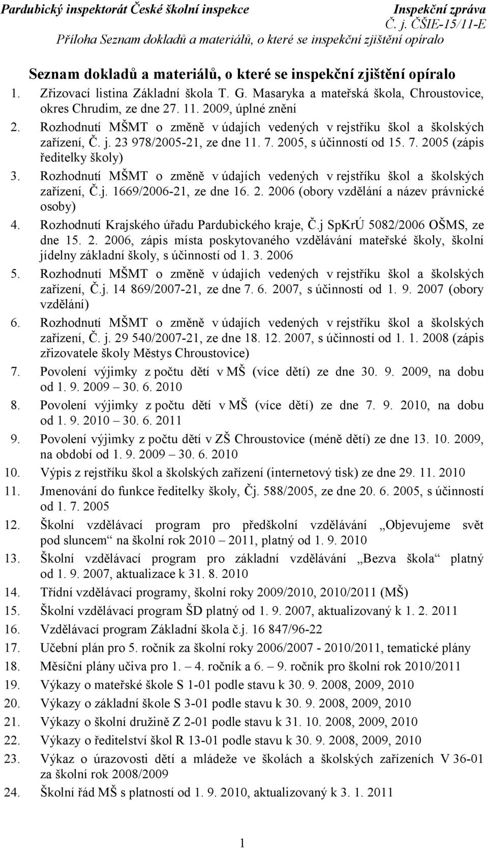 23 978/2005-21, ze dne 11. 7. 2005, s účinností od 15. 7. 2005 (zápis ředitelky školy) 3. Rozhodnutí MŠMT o změně vúdajích vedených v rejstříku škol a školských zařízení, Č.j. 1669/2006-21, ze dne 16.