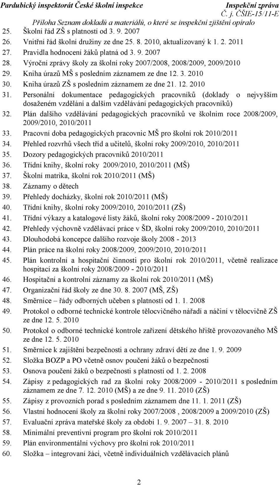 Kniha úrazů ZŠ s posledním záznamem ze dne 21. 12. 2010 31. Personální dokumentace pedagogických pracovníků (doklady o nejvyšším dosaženém vzdělání a dalším vzdělávání pedagogických pracovníků) 32.