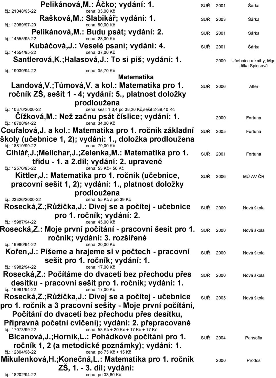 ;Tůmová,V. a kol.: Matematika pro 1. ročník ZŠ, sešit 1-4; vydání: 5., platnost doložky prodloužena čj.: 10370/2000-22 sešit 1,3,4 po 38,20 Kč,sešit 2-39,40 Kč Jitka Spiesová SUŘ 2006 Alter Čížková,M.