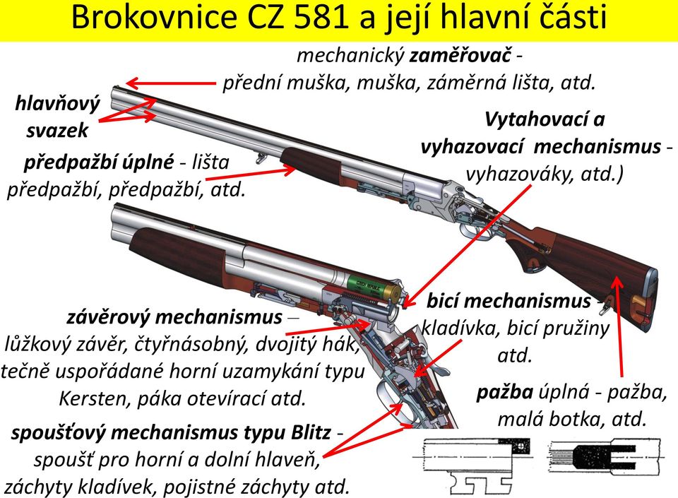 ) závěrový mechanismus lůžkový závěr, čtyřnásobný, dvojitý hák, tečně uspořádané horní uzamykání typu Kersten, páka otevírací atd.