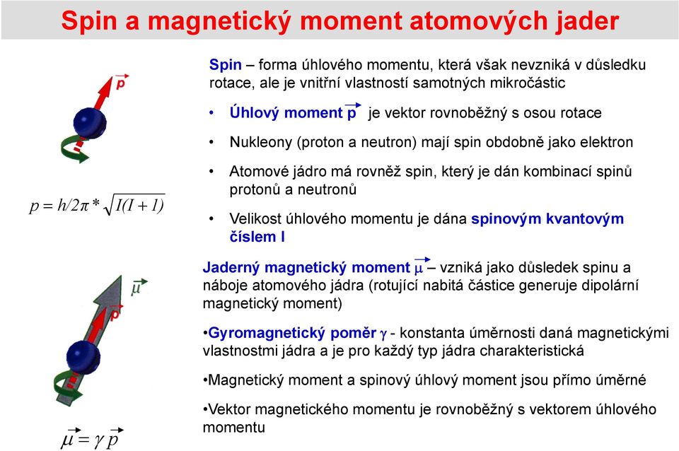 spinovým kvantovým číslem I Jaderný magnetický moment vzniká jako důsledek spinu a náboje atomového jádra (rotující nabitá částice generuje dipolární magnetický moment) Gyromagnetický poměr -