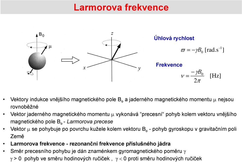 magnetického momentu vykonává precesní pohyb kolem vektoru vnějšího magnetického pole B o - Larmorova precese Vektor se pohybuje po povrchu kužele