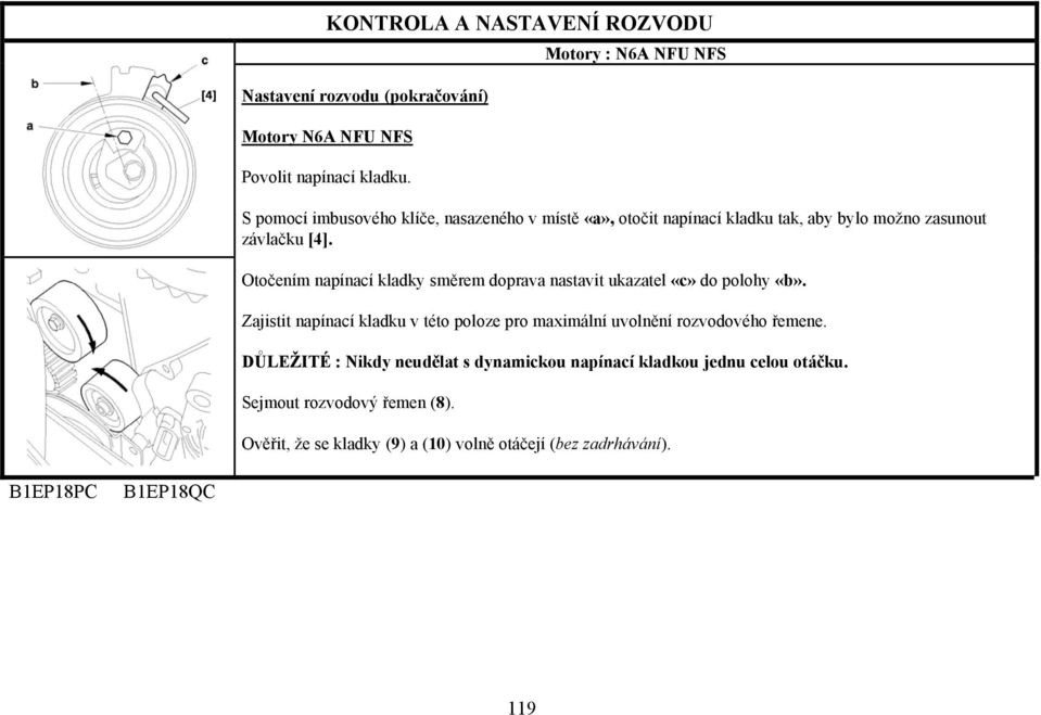 Otočením napínací kladky směrem doprava nastavit ukazatel «c» do polohy «b».