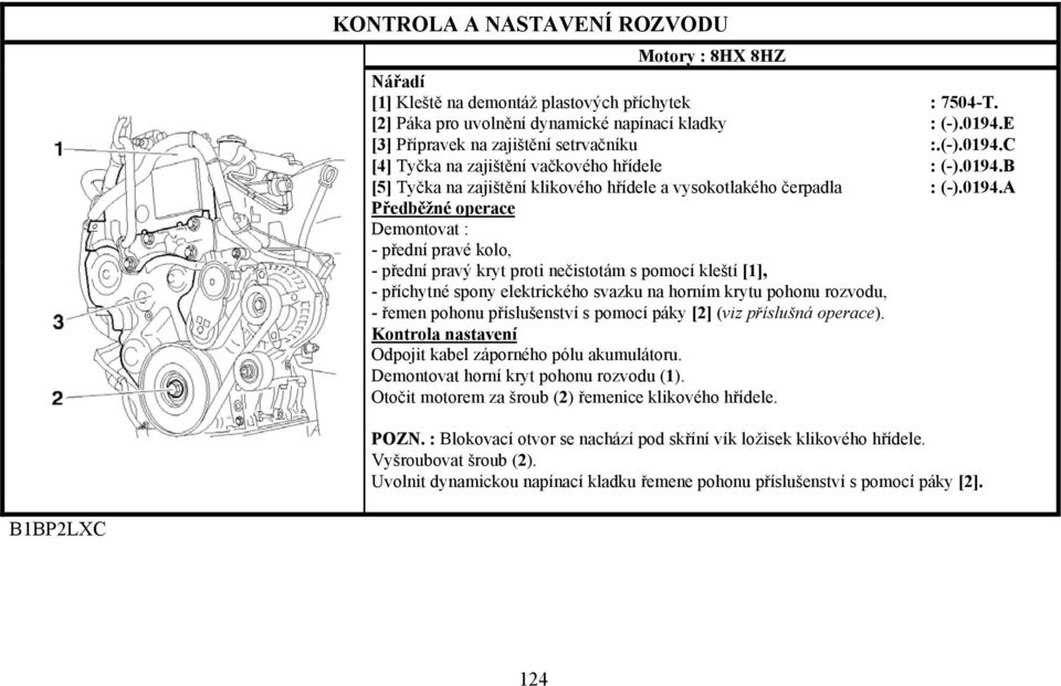 příchytné spony elektrického svazku na horním krytu pohonu rozvodu, - řemen pohonu příslušenství s pomocí páky [2] (viz příslušná operace). Kontrola nastavení Odpojit kabel záporného pólu akumulátoru.