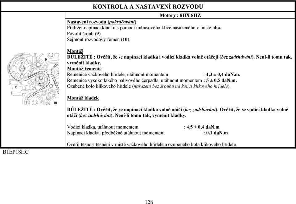 Montáž řemenic Řemenice vačkového hřídele, utáhnout momentem : 4,3 ± 0,4 dan.m. Řemenice vysokotlakého palivového čerpadla, utáhnout momentem : 5 ± 0,5 dan.m. Ozubené kolo klikového hřídele (nasazení bez šroubu na konci klikového hřídele).