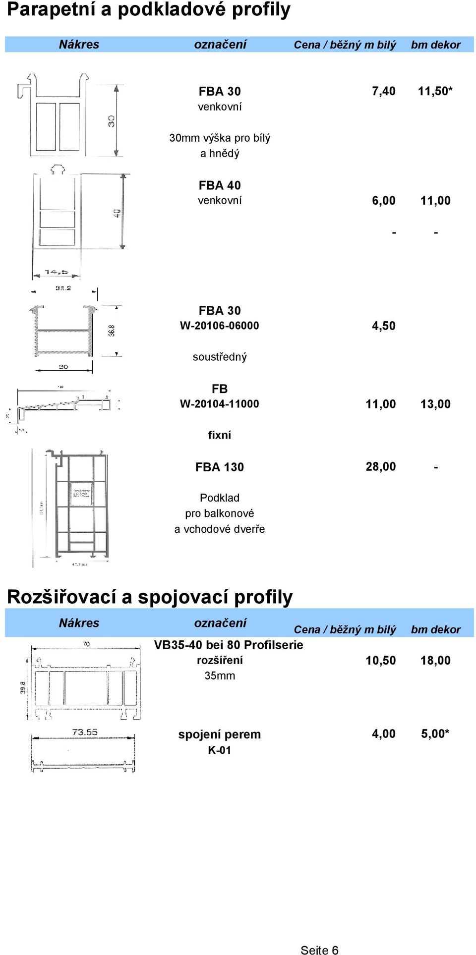 13,00 28,00 - fixní FBA Podklad pro balkonové a vchodové dverře Rozšiřovací a spojovací profily Nákres