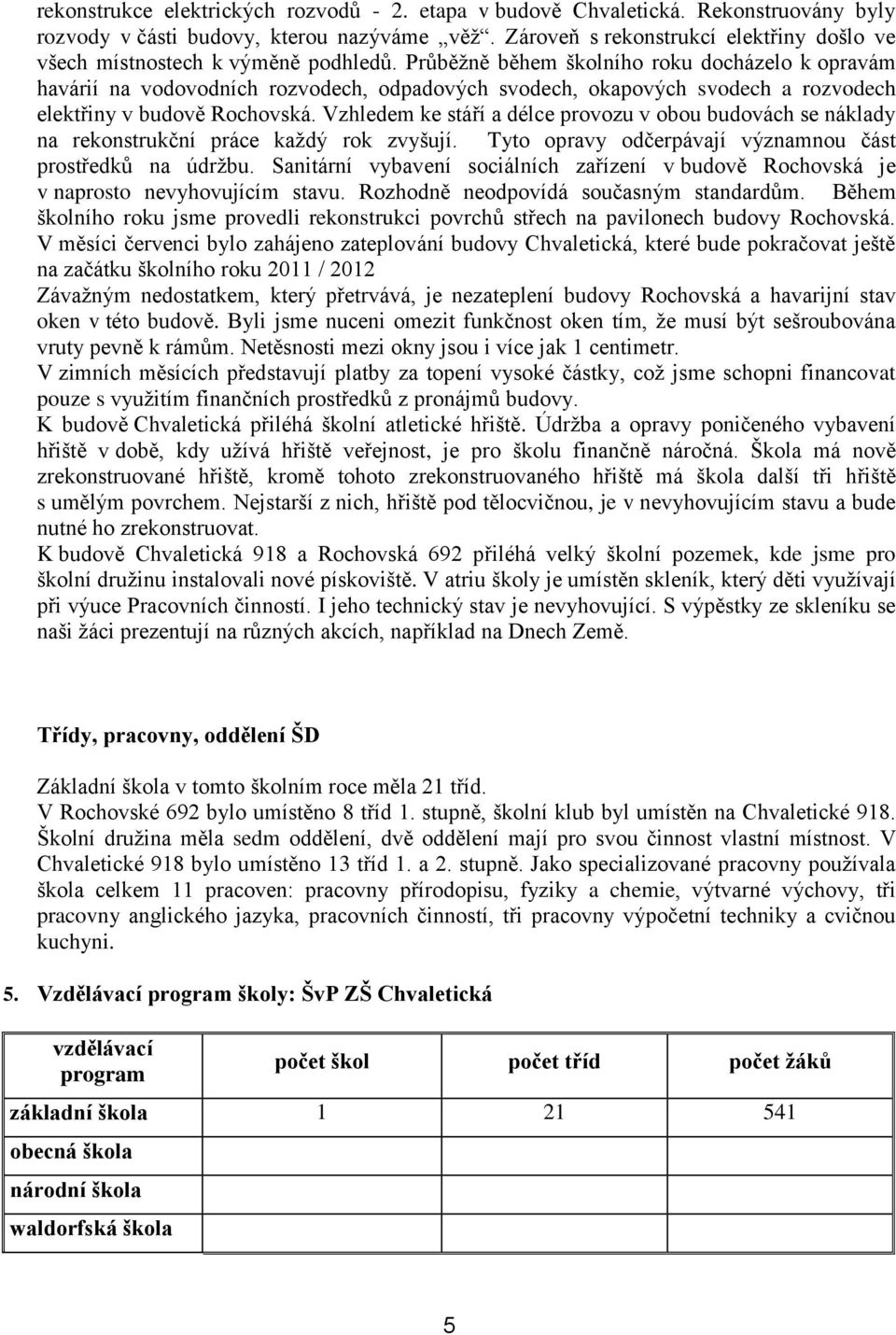 Průběţně během školního roku docházelo k opravám havárií na vodovodních rozvodech, odpadových svodech, okapových svodech a rozvodech elektřiny v budově Rochovská.