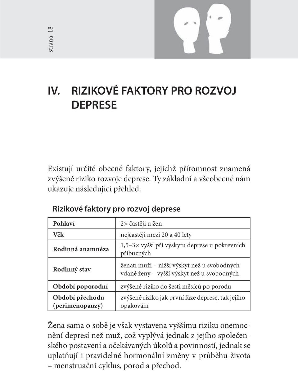 deprese u pokrevních příbuzných ženatí muži nižší výskyt než u svobodných vdané ženy vyšší výskyt než u svobodných zvýšené riziko do šesti měsíců po porodu zvýšené riziko jak první fáze deprese, tak