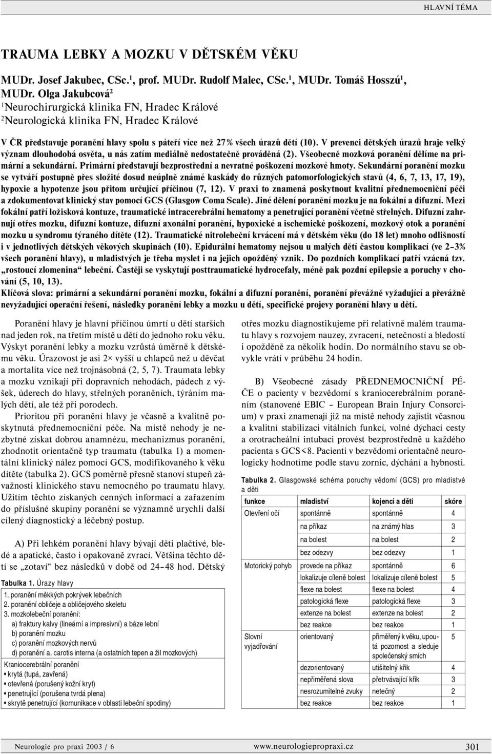 V prevenci dětských úrazů hraje velký význam dlouhodobá osvěta, u nás zatím mediálně nedostatečně prováděná (2). Všeobecně mozková poranění dělíme na primární a sekundární.