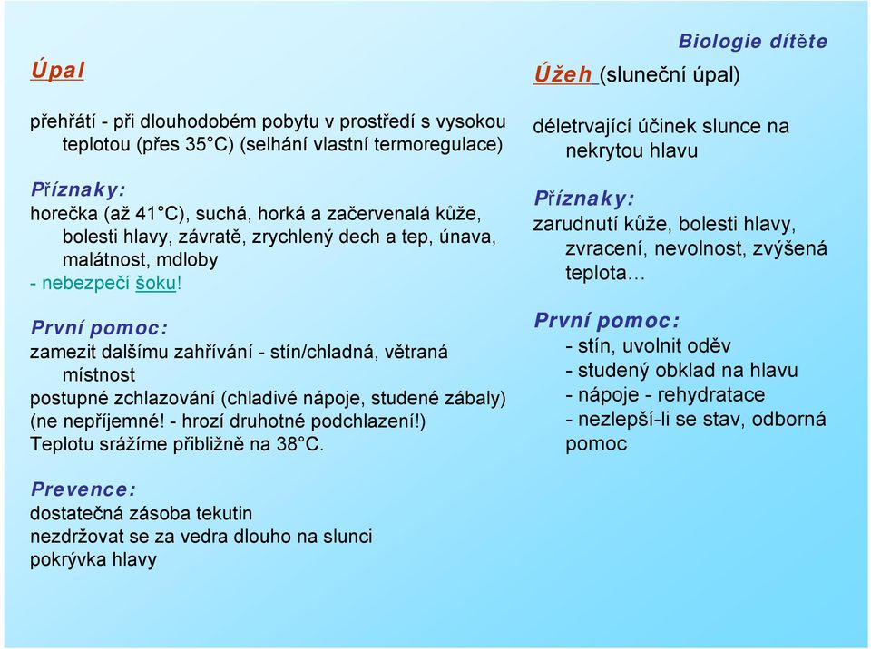 První pomoc: zamezit dalšímu zahřívání - stín/chladná, větraná místnost postupné zchlazování (chladivé nápoje, studené zábaly) (ne nepříjemné! - hrozí druhotné podchlazení!