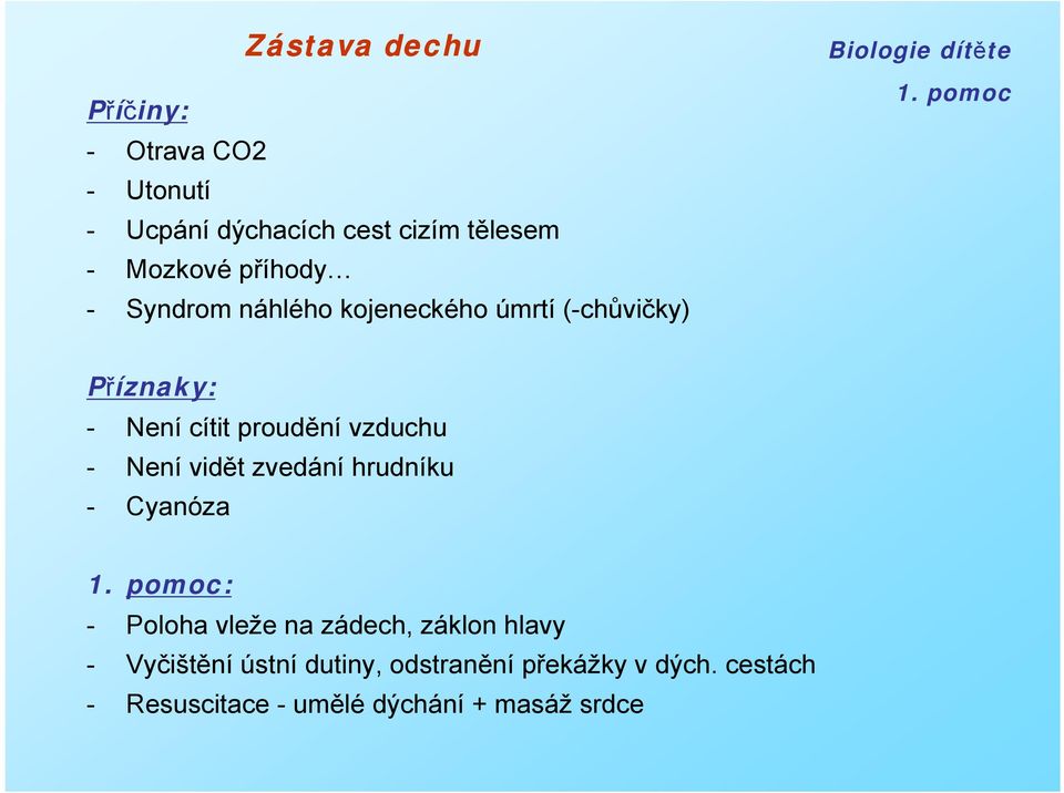 vzduchu - Není vidět zvedání hrudníku - Cyanóza : - Poloha vleže na zádech, záklon hlavy -