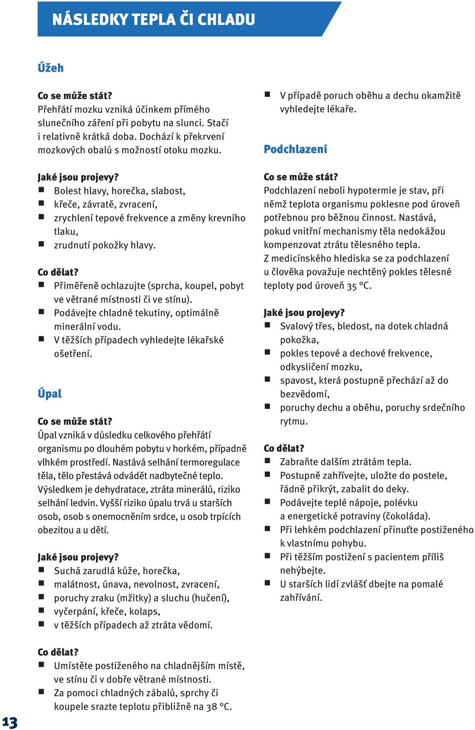 Přiměřeně ochlazujte (sprcha, koupel, pobyt ve větrané místnosti či ve stínu). Podávejte chladné tekutiny, optimálně minerální vodu. V těžších případech vyhledejte lékařské ošetření.