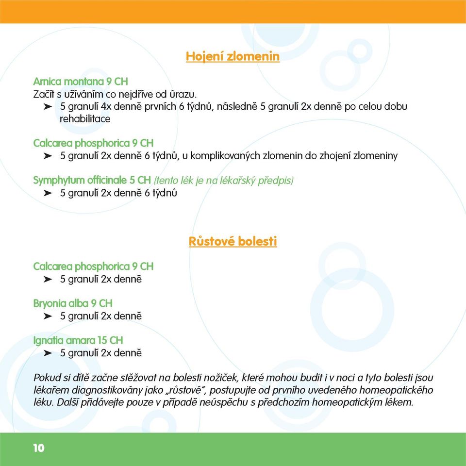zlomeniny Symphytum officinale 5 CH (tento lék je na lékařský předpis) 6 týdnů Calcarea phosphorica 9 CH Bryonia alba 9 CH Ignatia amara 15 CH Růstové bolesti Pokud
