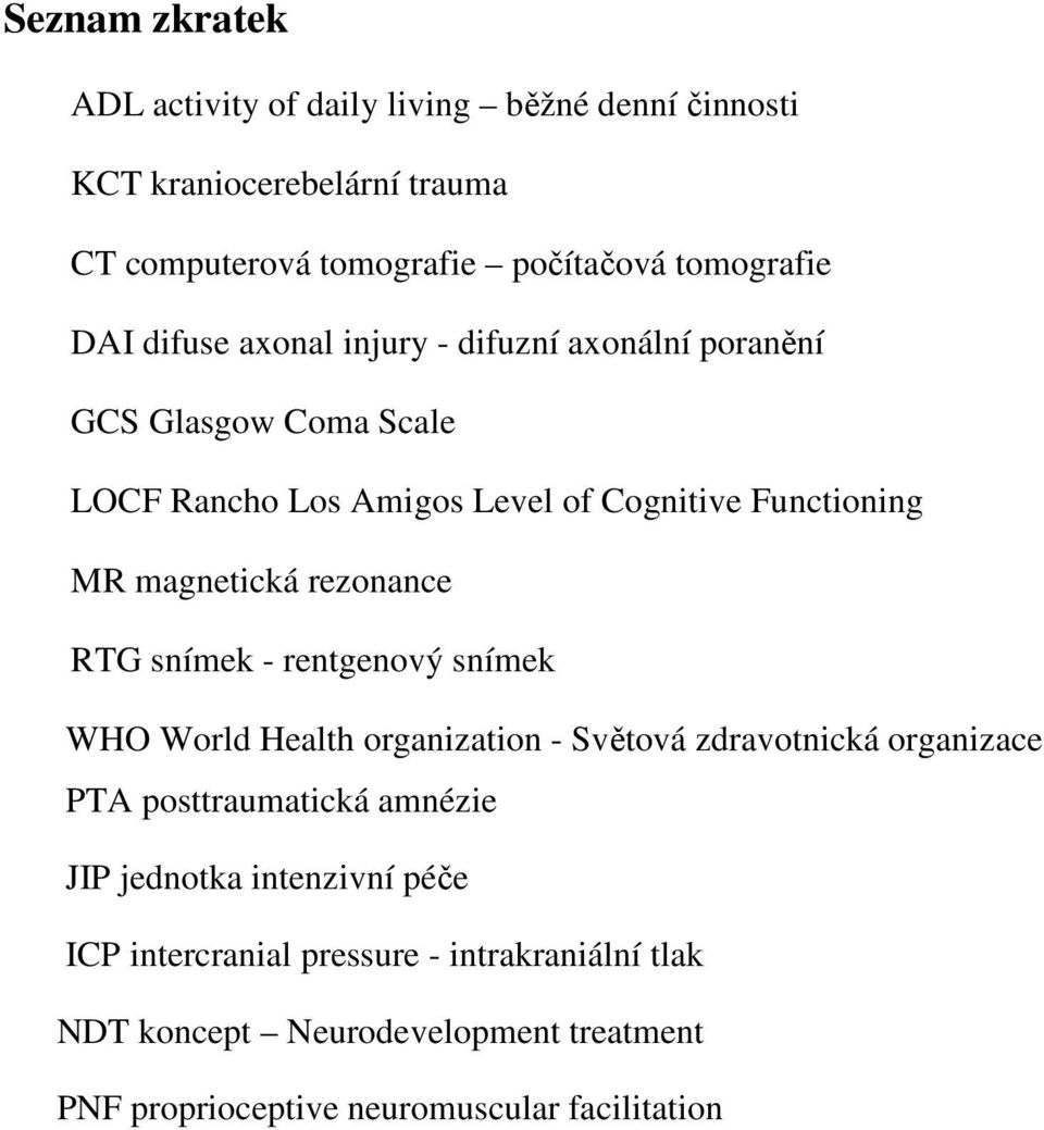 rezonance RTG snímek - rentgenový snímek WHO World Health organization - Světová zdravotnická organizace PTA posttraumatická amnézie JIP