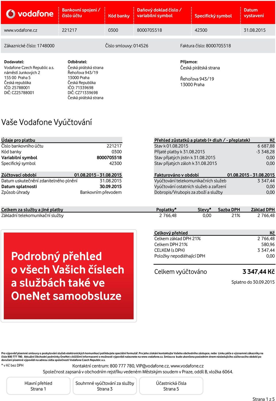 CZ25788001 DIČ: CZ71339698 Česká pirátská strana Vaše Vodafone Vyúčtování Údaje pro platbu Číslo bankovního účtu Variabilní symbol 221217 0300 8000705518 42300 Přehled zůstatků a plateb (+ dluh / -