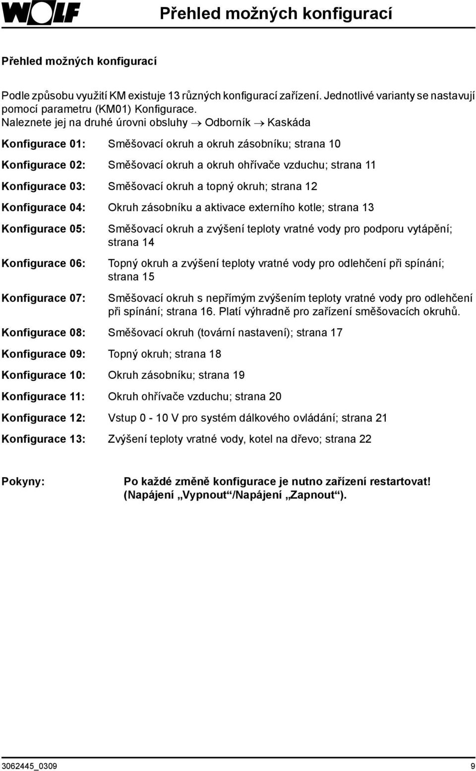 Směšovací okruh a topný okruh; strana 12 Konfigurace 04: Okruh zásobníku a aktivace externího kotle; strana 13 Konfigurace 05: Konfigurace 06: Konfigurace 07: Směšovací okruh a zvýšení teploty vratné