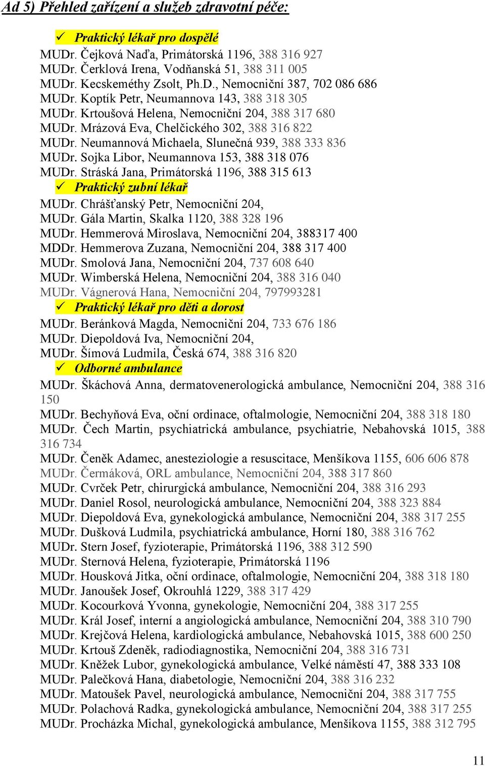 Mrázová Eva, Chelčického 302, 388 316 822 MUDr. Neumannová Michaela, Slunečná 939, 388 333 836 MUDr. Sojka Libor, Neumannova 153, 388 318 076 MUDr.