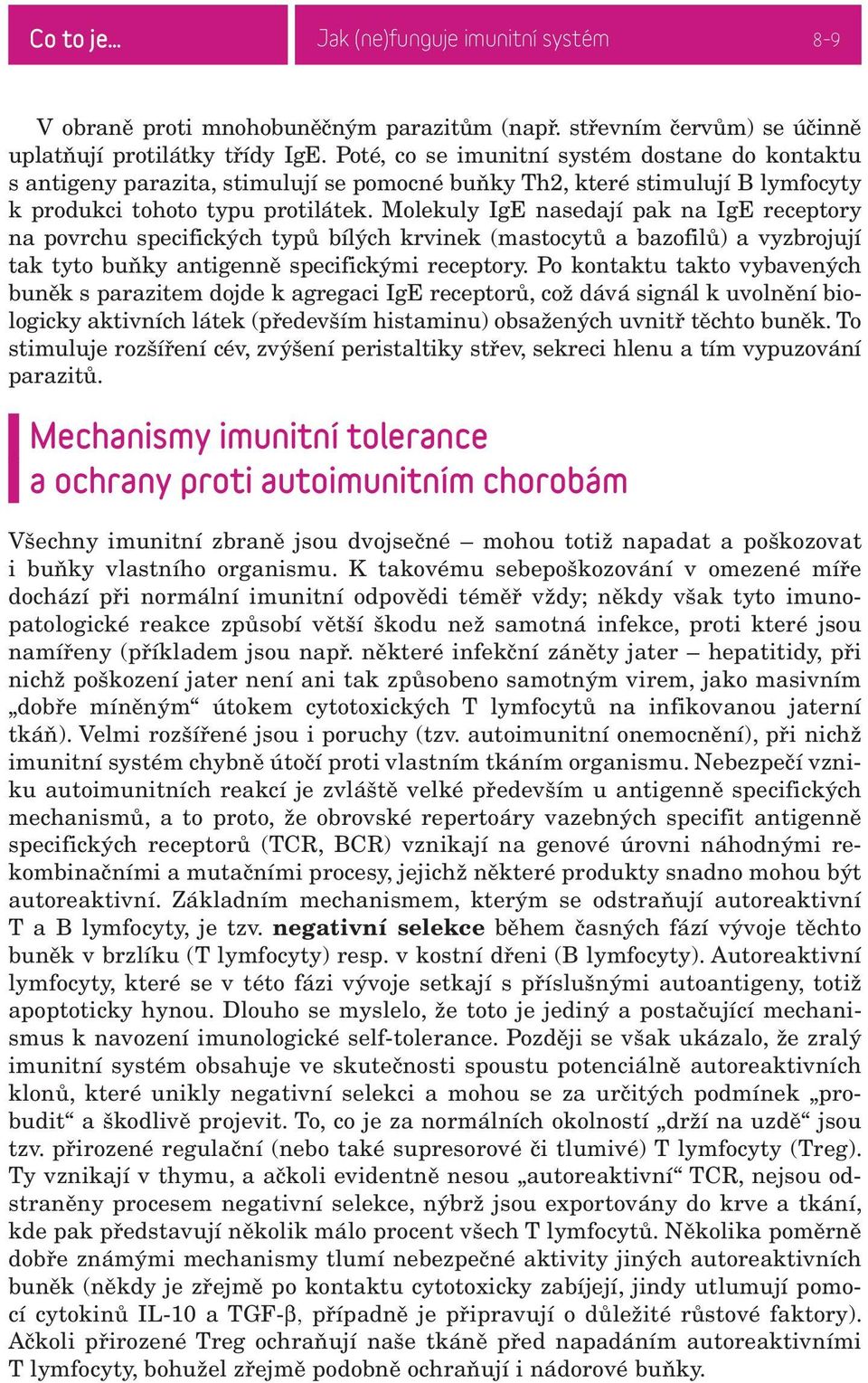 Molekuly IgE nasedají pak na IgE receptory na povrchu specifických typů bílých krvinek (mastocytů a bazofilů) a vyzbrojují tak tyto buňky antigenně specifickými receptory.