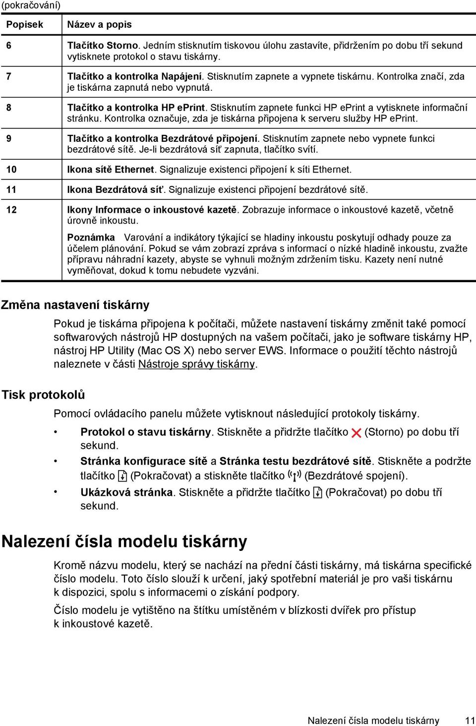 Kontrolka označuje, zda je tiskárna připojena k serveru služby HP eprint. 9 Tlačítko a kontrolka Bezdrátové připojení. Stisknutím zapnete nebo vypnete funkci bezdrátové sítě.