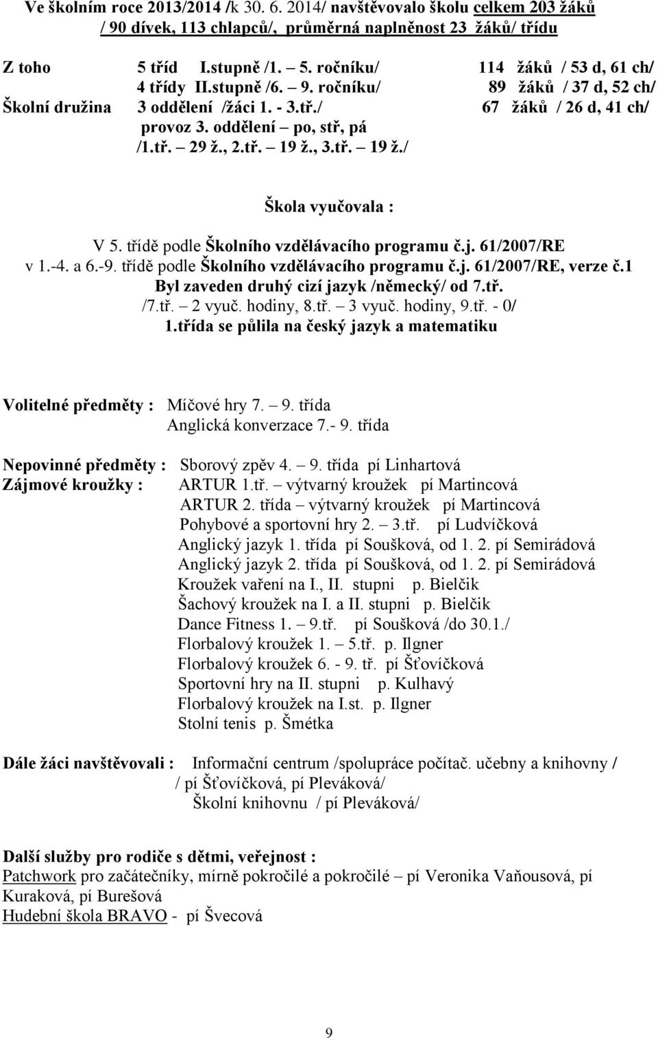 třídě podle Školního vzdělávacího programu č.j. 61/2007/RE v 1.-4. a 6.-9. třídě podle Školního vzdělávacího programu č.j. 61/2007/RE, verze č.1 Byl zaveden druhý cizí jazyk /německý/ od 7.tř. /7.tř. 2 vyuč.