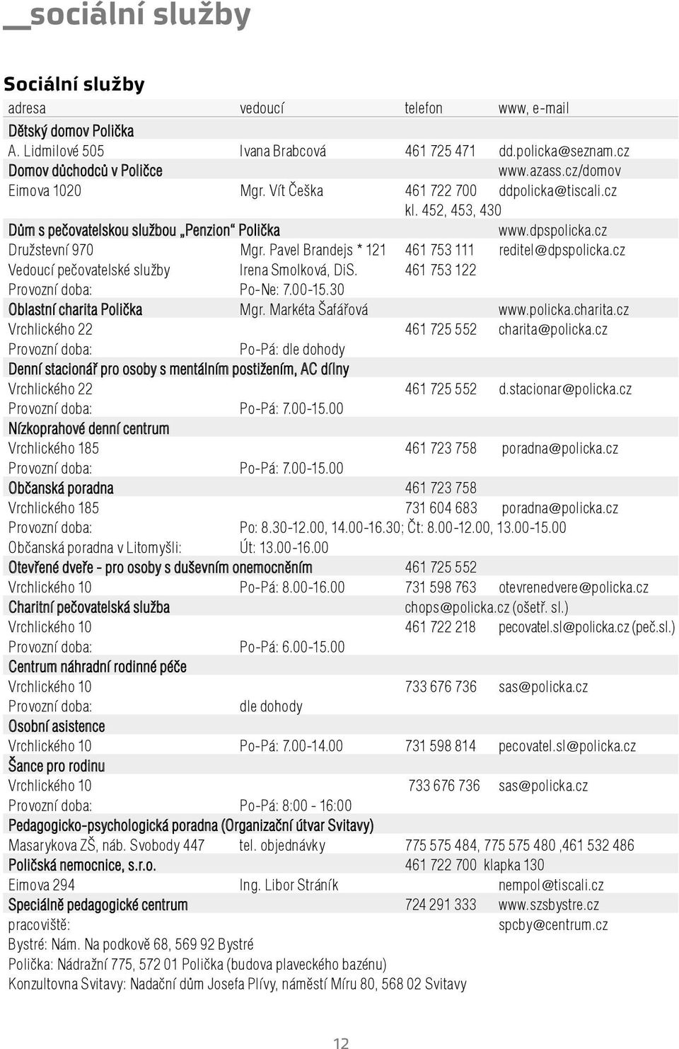 Pavel Brandejs * 121 461 753 111 reditel@dpspolicka.cz Vedoucí pečovatelské služby Irena Smolková, DiS. 461 753 122 Provozní doba: Po-Ne: 7.00-15.30 Oblastní charita Polička Mgr. Markéta Šafářová www.