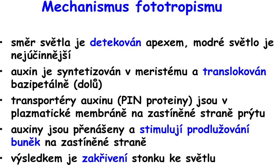 (PIN proteiny) jsou v plazmatické membráně na zastíněné straně prýtu auxiny jsou