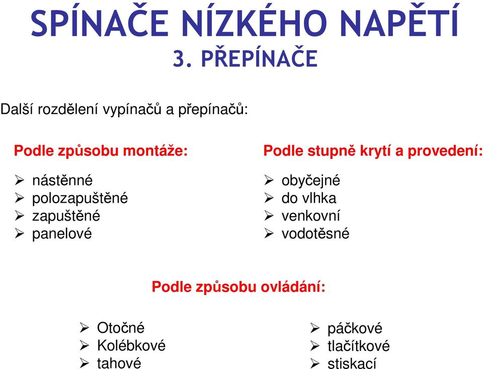 a provedení: obyčejné do vlhka venkovní vodotěsné Podle